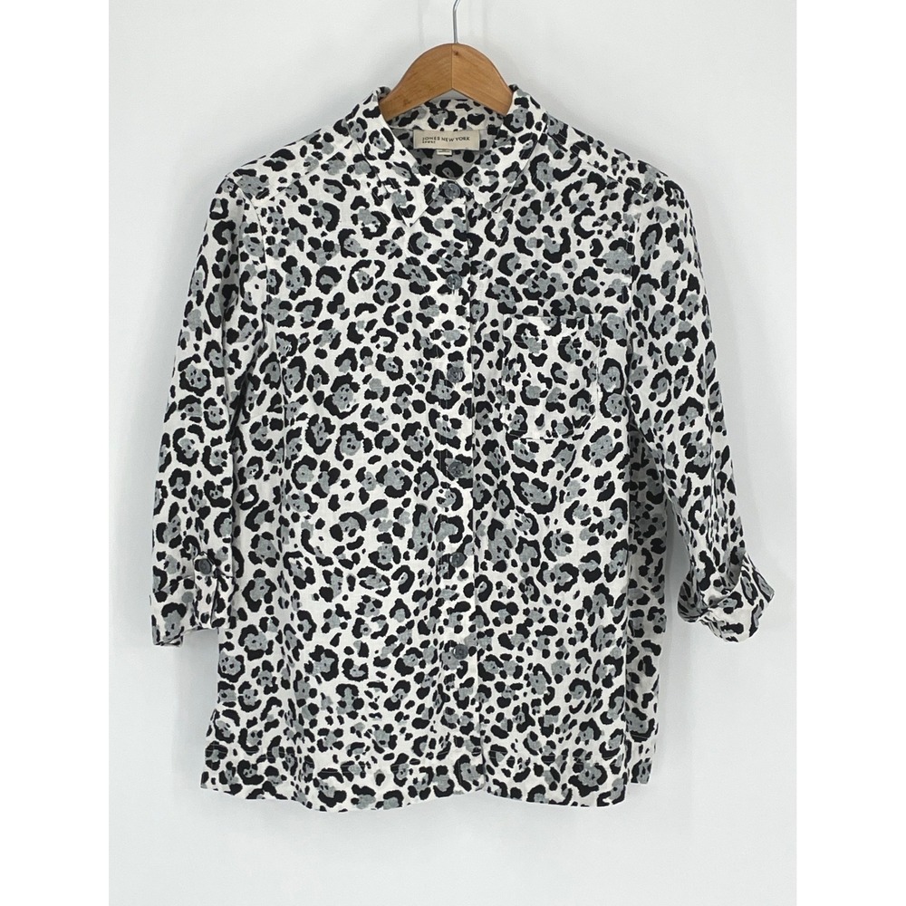 Jones New York Womens Shirt M 100% Linen Button Down White Leopard Animal Print